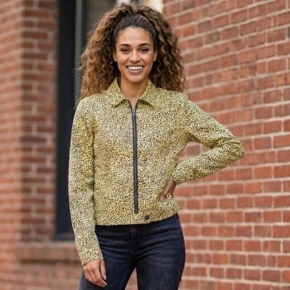 Volcom Denim Animal Print Full Zip Jacket Cheetah Sweater Collar Pockets Large